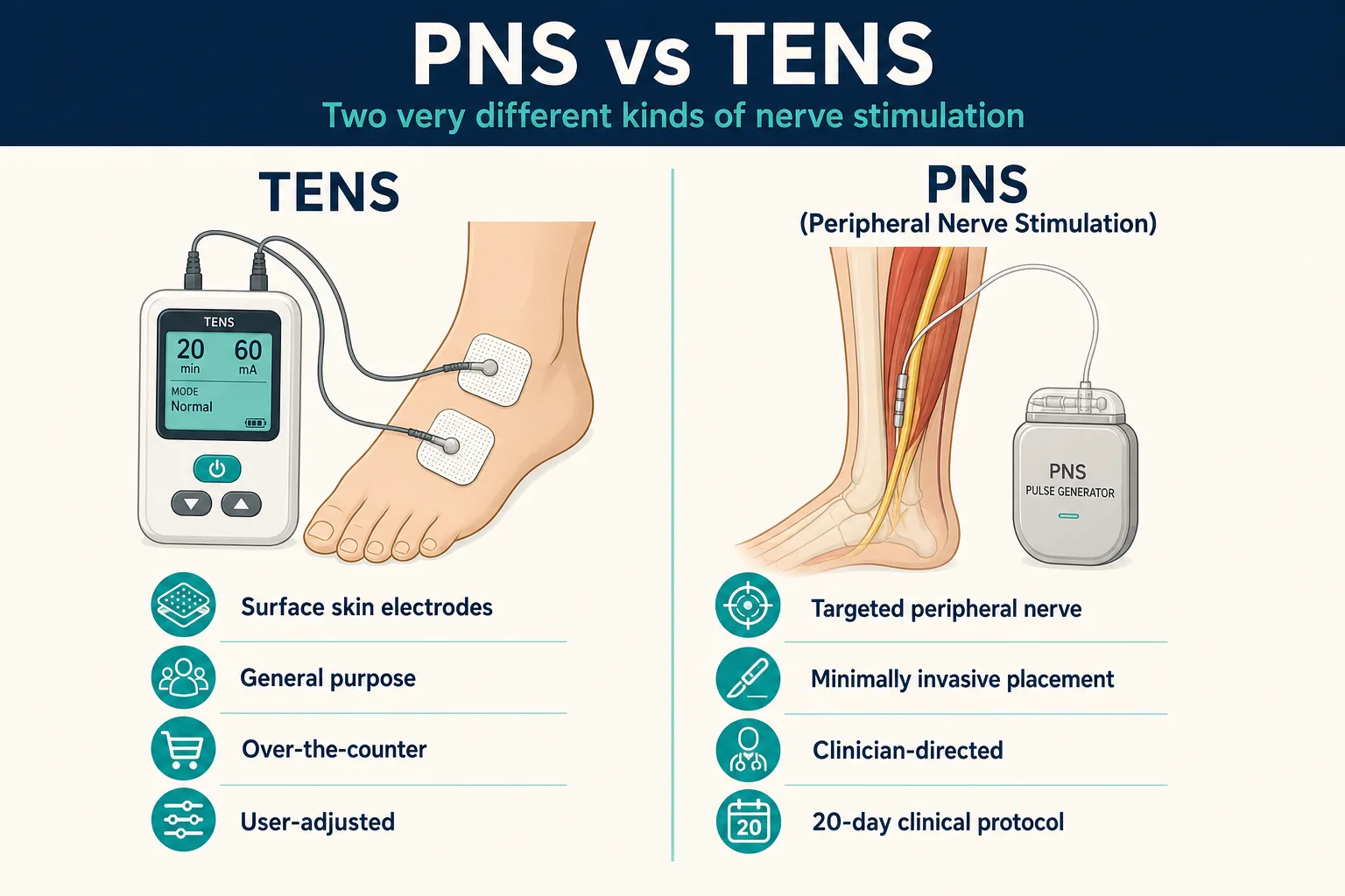 Infographic: PNS vs TENS for Diabetic Neuropathy: How They Differ & Which Lasts
